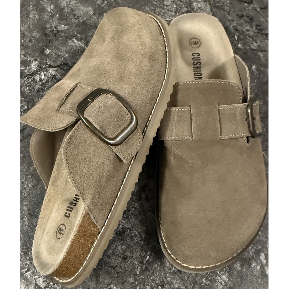 Cushionaire Womens Blain Suede Clog Buckle Slip On Comfort Shoes Taupe Sz 10 EUC
